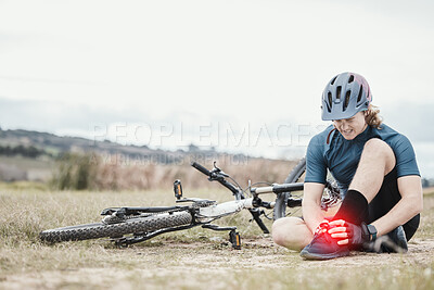 Buy stock photo Accident, cycling and man with foot pain in nature after a training injury and sports emergency. Inflammation, fitness and a biker or male cyclist with a muscle problem after riding a bike in a park