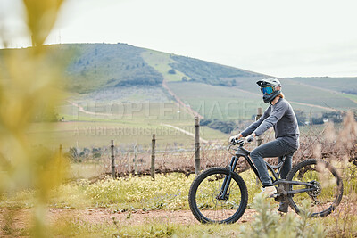 Buy stock photo Cycling, sports and man on bicycle in countryside for training, workout and exercise in nature. Fitness, biking and male person on mountain bike for adventure, freedom and adrenaline on dirt road