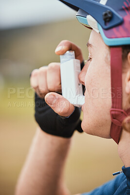 Buy stock photo Asthma, inhaler and cyclist with medical and breathing medicine for fitness and training. Outdoor, lung support and bicycle athlete with exercise and breathe pump for wellness and sport health 
