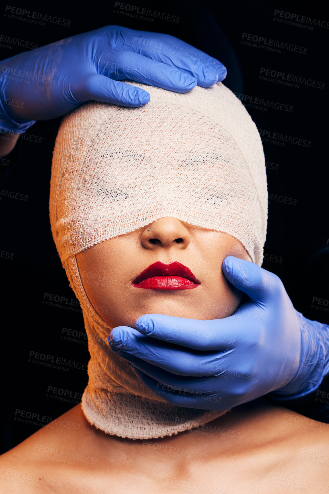 Buy stock photo Plastic surgery, cosmetics and bandage on face of woman in studio for beauty, skincare and dermatology. Aesthetic, makeup and transformation with person on dark background for change and facial