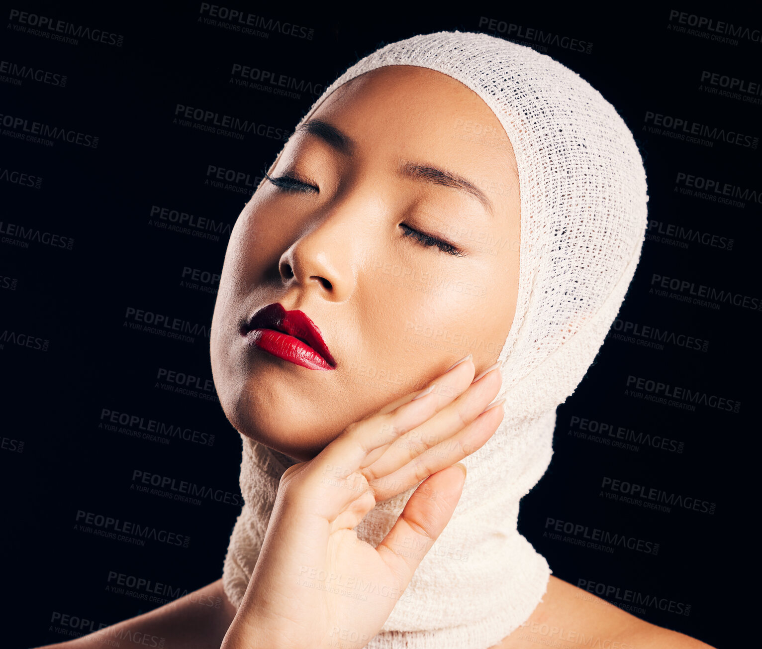 Buy stock photo Asian woman, plastic surgery and bandage for skin, beauty and transformation with eyes closed by black background. Girl, model or patient with skincare, dermatology and pride for change in studio