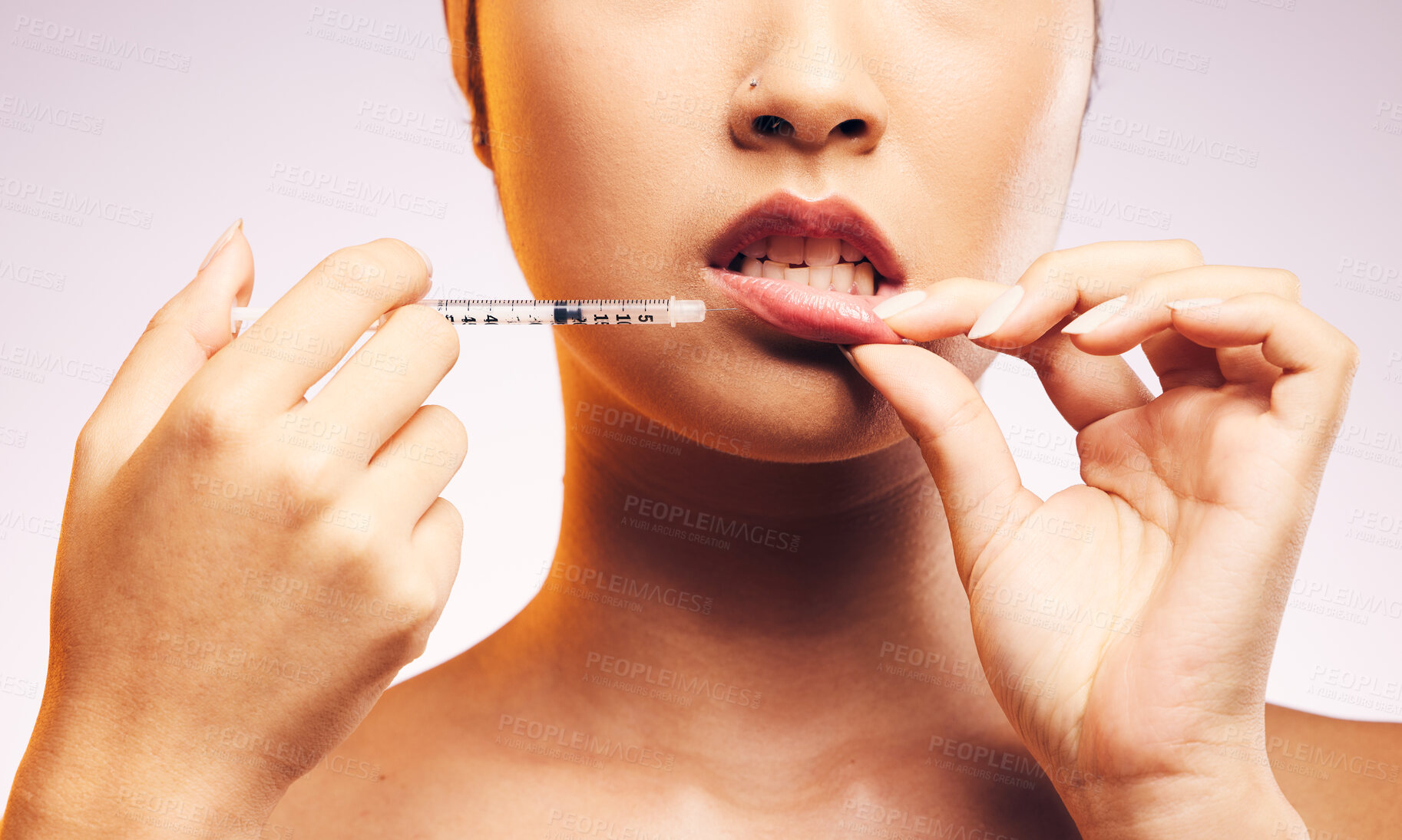 Buy stock photo Beauty, lip filler and hands with botox injection, plastic surgery and portrait of cosmetic dermatology  in studio background. Lips of woman, syringe and model with aesthetic facial treatment