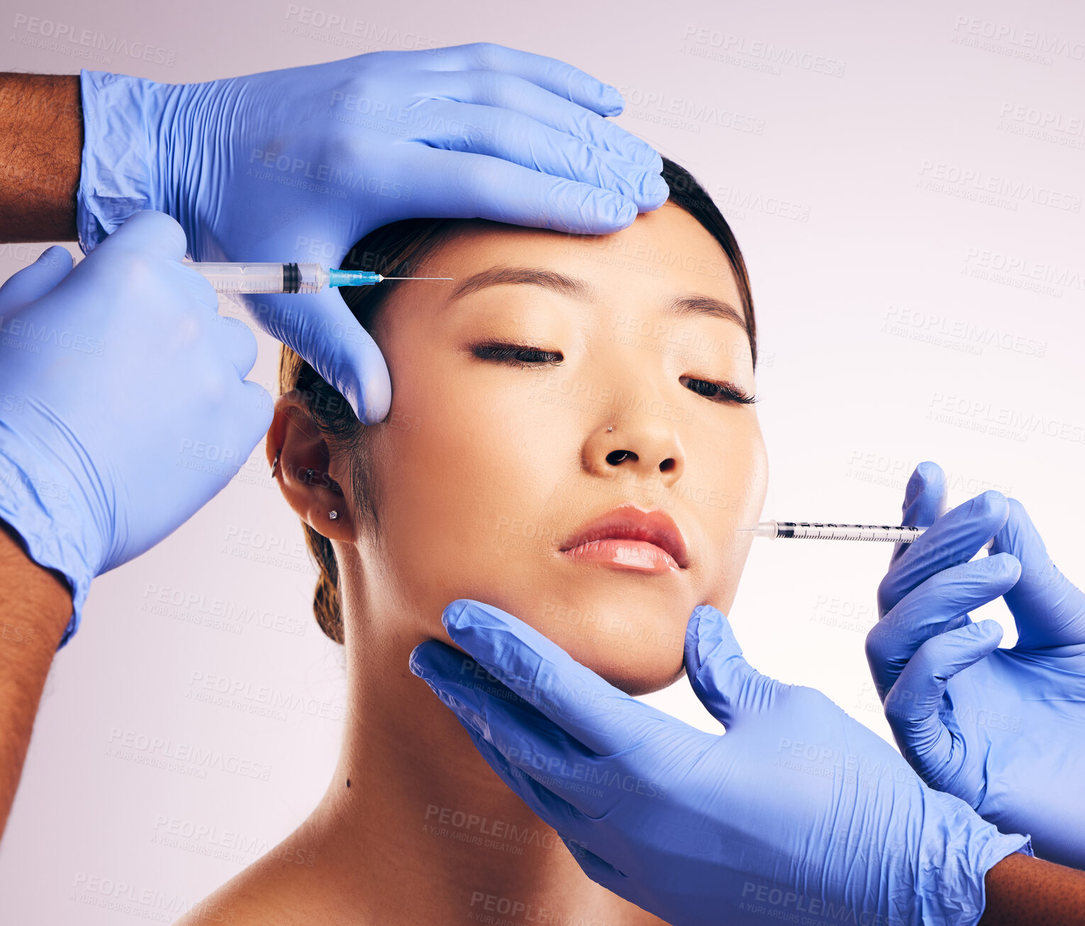 Buy stock photo Skincare, injection and Asian woman with plastic surgery, blue gloves or smooth skin against a white studio background. Japanese, female person or model with needles, cosmetic treatment and face care