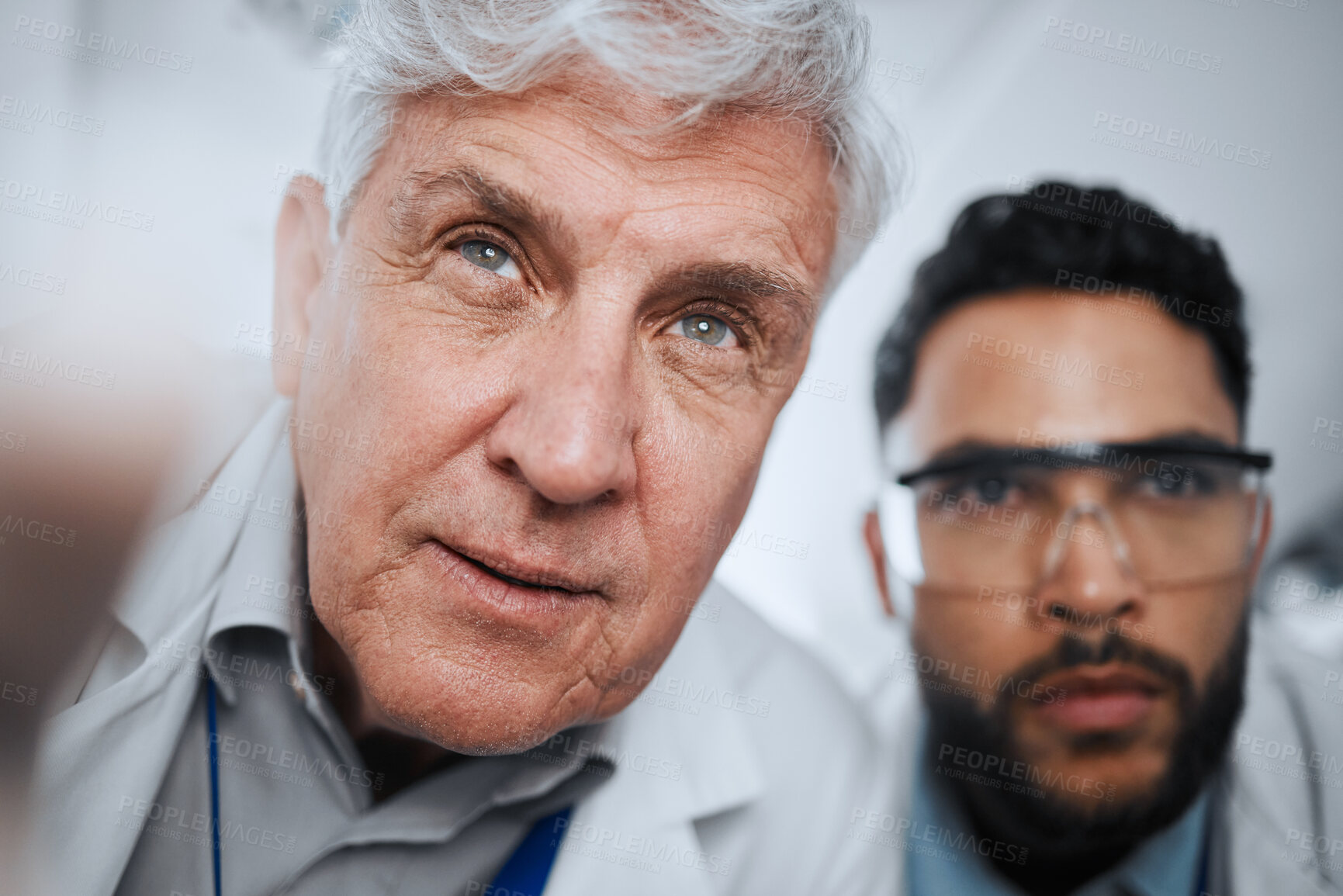 Buy stock photo Medical inspection, team and men in a lab for research check, medicine analysis or science. Focus, faces and scientists doing analysis of healthcare innovation test or biotechnology job together