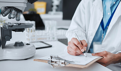 Buy stock photo Research, writing and science with hands of man in laboratory for report, pharmacy and medical. Checklist, healthcare and medicine with closeup of scientist and clipboard for data, vaccine and study