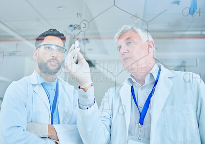 Buy stock photo Board, writing and science people collaboration on chemistry equation, algorithm or brainstorming solution. Planning chemist, thinking scientist or senior team leader working with partner on research