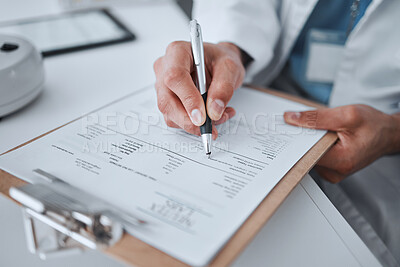 Buy stock photo Data, writing and science with hands of man in laboratory for report, pharmacy and medical. Checklist, healthcare and medicine with closeup of scientist and clipboard for research, vaccine and study