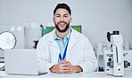 Science, happy and portrait of man in laboratory for research, pharmacy and medical. Test, healthcare and medicine with male scientist and study for wellness, expert and vaccine development