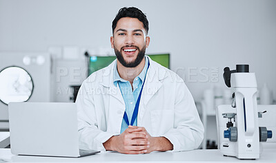 Buy stock photo Science, happy and portrait of man in laboratory for research, pharmacy and medical. Test, healthcare and medicine with male scientist and study for wellness, expert and vaccine development