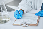 Medicine, writing and science with hands of man in laboratory for report, pharmacy and medical. Checklist, healthcare and data with closeup of scientist and clipboard for research, vaccine and study