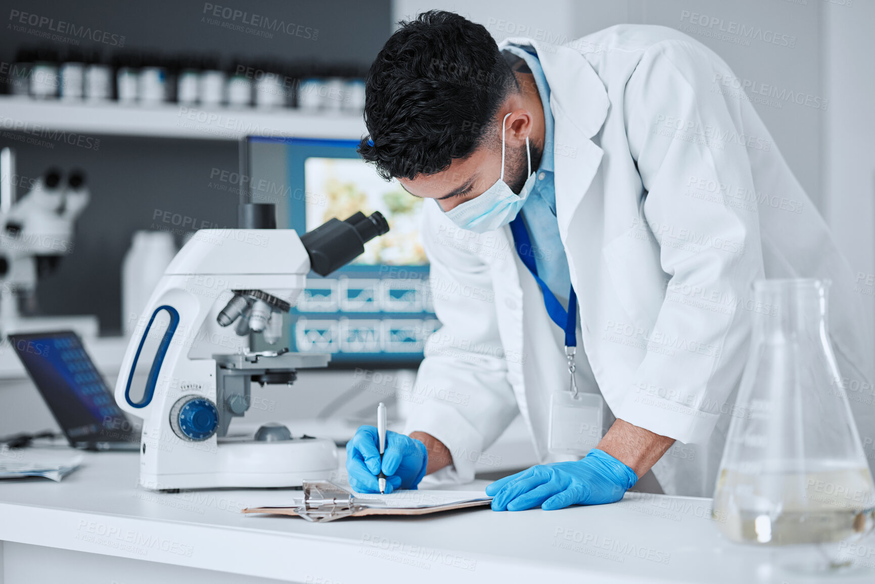Buy stock photo Research, writing and science with man in laboratory for report, pharmacy and medical. Checklist, healthcare and medicine with scientist and clipboard for data chart, vaccine development and study