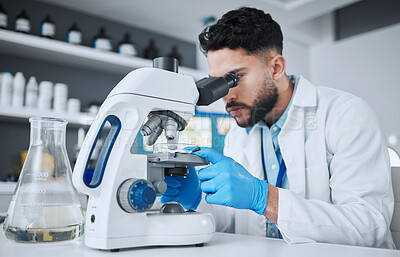Buy stock photo Microscope, science and research with man in laboratory for pharmacy, medical and vaccine. Chemistry, healthcare and medicine with scientist and study for solution, development and sample results