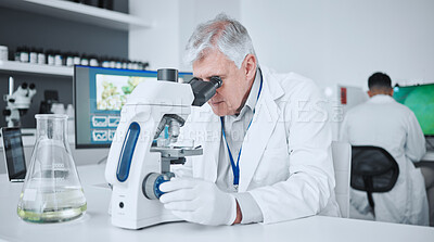 Buy stock photo Microscope, pharmacy and research with old man in laboratory for science, medical and vaccine. Chemistry, healthcare and medicine with scientist and study for solution, development and sample results