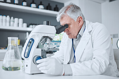 Buy stock photo Medical, research or man with a microscope, laboratory or science with a breakthrough, review and check sample. Male person, researcher or scientist with lab equipment, studying particles or analysis