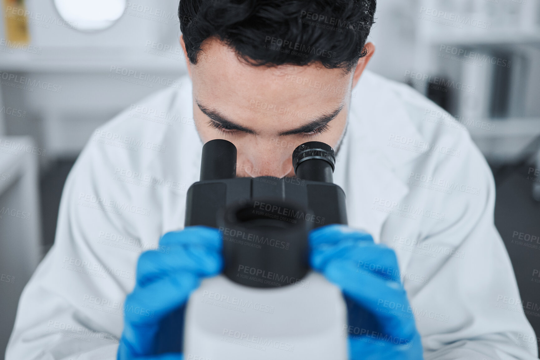 Buy stock photo Microscope, science and medical with man in laboratory for pharmacy, research and vaccine. Chemistry, healthcare and medicine with scientist and study for solution, development and sample results