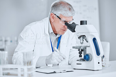 Buy stock photo Microscope, healthcare and research with old man in laboratory for pharmacy, medical and vaccine. Chemistry, science and medicine with scientist and study for solution, development and sample results