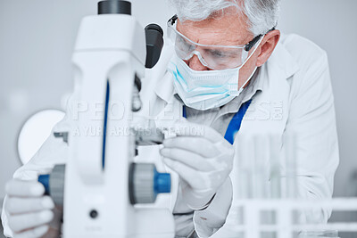 Buy stock photo Microscope, science and study with old man in laboratory for pharmacy, medical and vaccine. Chemistry, healthcare and medicine with scientist and research for solution, development and sample results