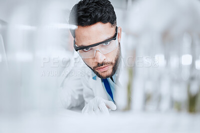 Buy stock photo Laboratory, science and man with test tube checking results of medical study for pharmaceutical research. Healthcare, experiment and scientist in lab studying development of vaccine solution or drugs