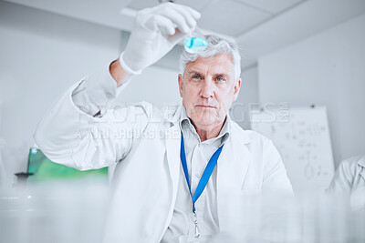 Buy stock photo Laboratory, scientist with liquid solution checking results of medical study and pharmaceutical research. Healthcare, experiment and senior man in lab studying vaccine development or drugs for future