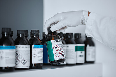 Buy stock photo Scientist, bottle and copper in chemistry lab on shelf for pharma, analysis and medicine development. Science person, gloves and study with medical research for pharmaceutical industry innovation
