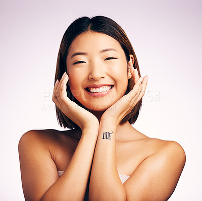 Buy stock photo Skincare, beauty and portrait of natural Asian woman on white background for wellness, spa and face cosmetics. Dermatology, salon and happy female person for facial, satisfaction and makeup in studio