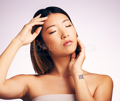 Buy stock photo Beauty, wellness and face of Asian woman in studio for skincare, luxury spa and cosmetics. Dermatology, salon mockup and female person with natural skin, satisfaction and facial on white background
