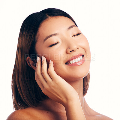 Buy stock photo Skincare, wellness and face of happy Asian woman on a white background for beauty, spa and cosmetics. Dermatology, salon and isolated female person with natural skin, satisfaction or facial in studio