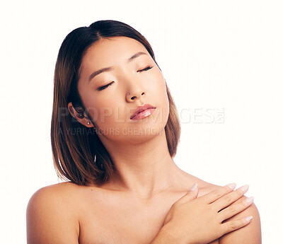 Buy stock photo Skincare, wellness and face of Asian woman on a white background for beauty, spa and cosmetics. Dermatology, salon and isolated female person with smooth skin, satisfaction and treatment in studio