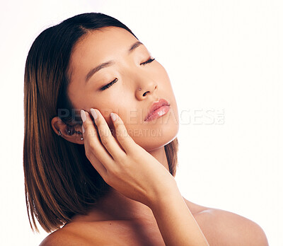 Buy stock photo Skincare, dermatology and face of Asian woman on a white background for wellness, spa and cosmetics. Beauty, salon and  isolated female person with natural skin, satisfaction and treatment in studio