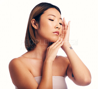Buy stock photo Skincare, beauty and face of Asian woman on a white background for wellness, spa and cosmetics. Dermatology, salon and isolated female person with perfect skin, satisfaction and facial care in studio
