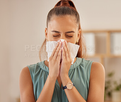 Buy stock photo Business, virus and woman with a tissue, sneeze and infection with illness, overworked or sick. Female person, employee or consultant with safety in a workplace, toilet paper and burnout with allergy