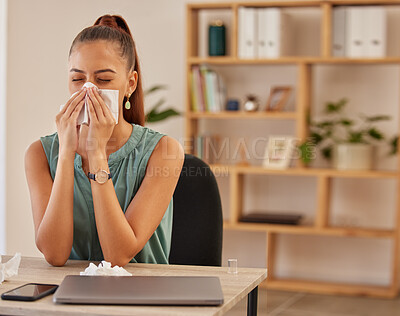 Buy stock photo Business, sick and woman with a tissue, sneeze and infection with workaholic, overworked and flu. Female person, employee or consultant with safety in a workplace, toilet paper or virus with illness