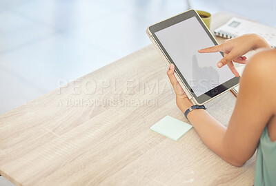 Buy stock photo Work, mockup screen and hands with a tablet for communication, email typing on an app. Space, desk and a woman or employee working on technology in an office for social media management or chat