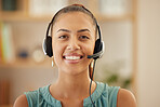 Portrait, telemarketing and woman with a smile, call center and ecommerce with customer service, contact us and consulting. Face, female person and agent with headphones, tech support and employee