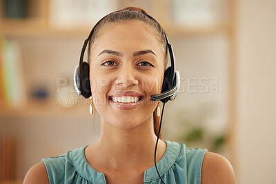 Buy stock photo Portrait, telemarketing and woman with a smile, call center and ecommerce with customer service, contact us and consulting. Face, female person and agent with headphones, tech support and employee