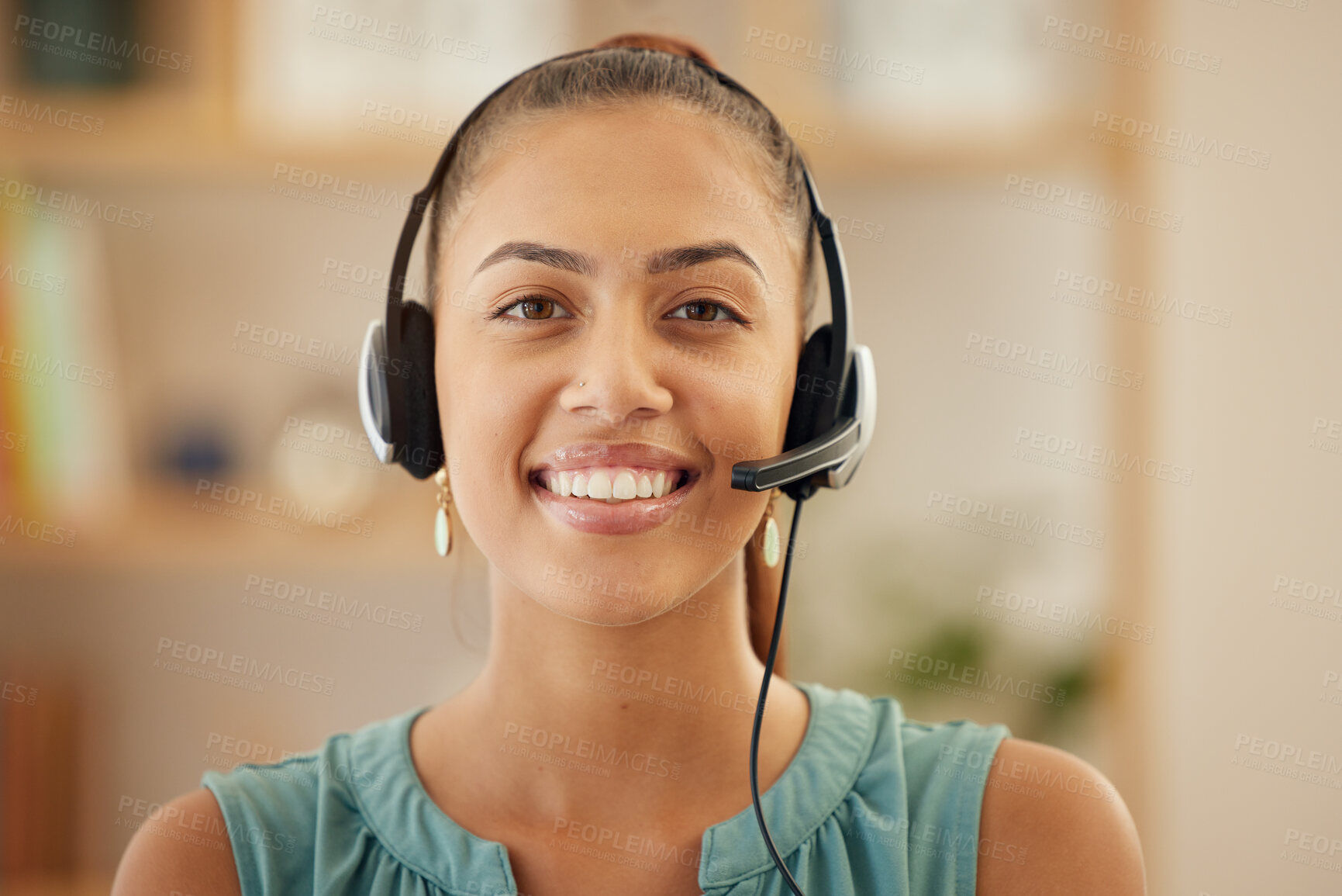 Buy stock photo Portrait, telemarketing and woman with a smile, call center and ecommerce with customer service, contact us and consulting. Face, female person and agent with headphones, tech support and employee