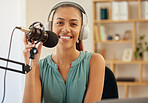 Microphone, headphones and portrait of happy woman on podcast or live stream, media broadcast on radio. Streaming, influencer or content creator with mic, smile and internet networking in home office