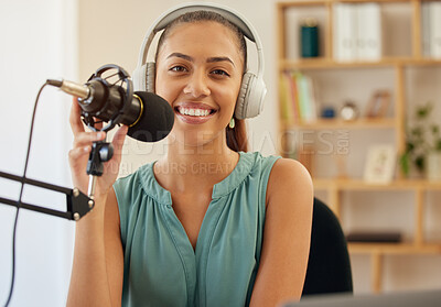 Buy stock photo Microphone, headphones and portrait of happy woman on podcast or live stream, media broadcast on radio. Streaming, influencer or content creator with mic, smile and internet networking in home office