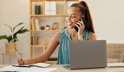 Buy stock photo Happy, planning and a woman on a phone call in an office for schedule, notes or information. Smile, speaking and a corporate employee or female receptionist with a notebook for an agenda or ideas