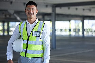 Buy stock photo Architect portrait, confident construction worker or happy man for real estate development, project or career job. Civil engineering, property inspector and person with pride, PPE and ready for work