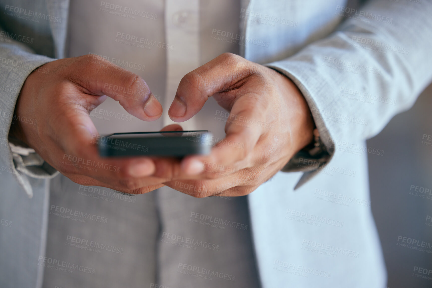 Buy stock photo Business man, hands and typing with a phone for communication, email or social network. Closeup of male entrepreneur with a smartphone for message, research or media search with internet connection