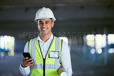 Buy stock photo Architect, phone and portrait of happy man in warehouse with blueprint, networking and communication with plan. Engineering, cellphone and construction site with safety, planning and smile on face.