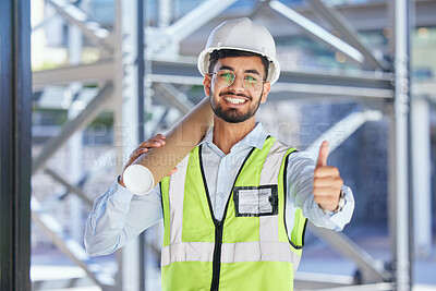 Buy stock photo Architecture, thumbs up and portrait of happy man with blueprint at construction site, agreement and deal plan. Engineering, contractor and yes emoji to safety, thank you and planning with smile.