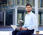 Portrait, business and man with a laptop, outdoor or typing with connection, digital software or network. Male person, employee or consultant with a pc, city or planning with a smile or data analysis