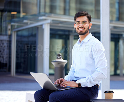 Buy stock photo Portrait, business and man with a laptop, outdoor or typing with connection, digital software or network. Male person, employee or consultant with a pc, city or planning with a smile or data analysis