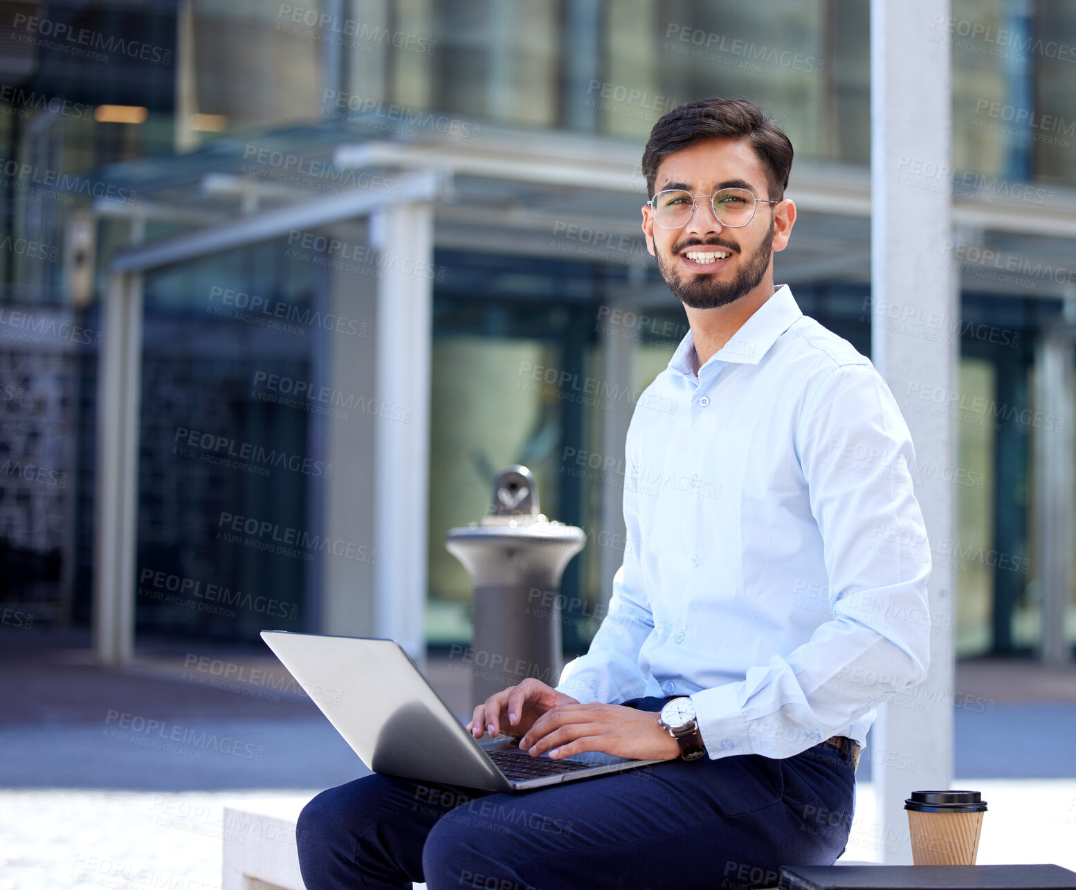Buy stock photo Portrait, business and man with a laptop, outdoor or typing with connection, digital software or network. Male person, employee or consultant with a pc, city or planning with a smile or data analysis