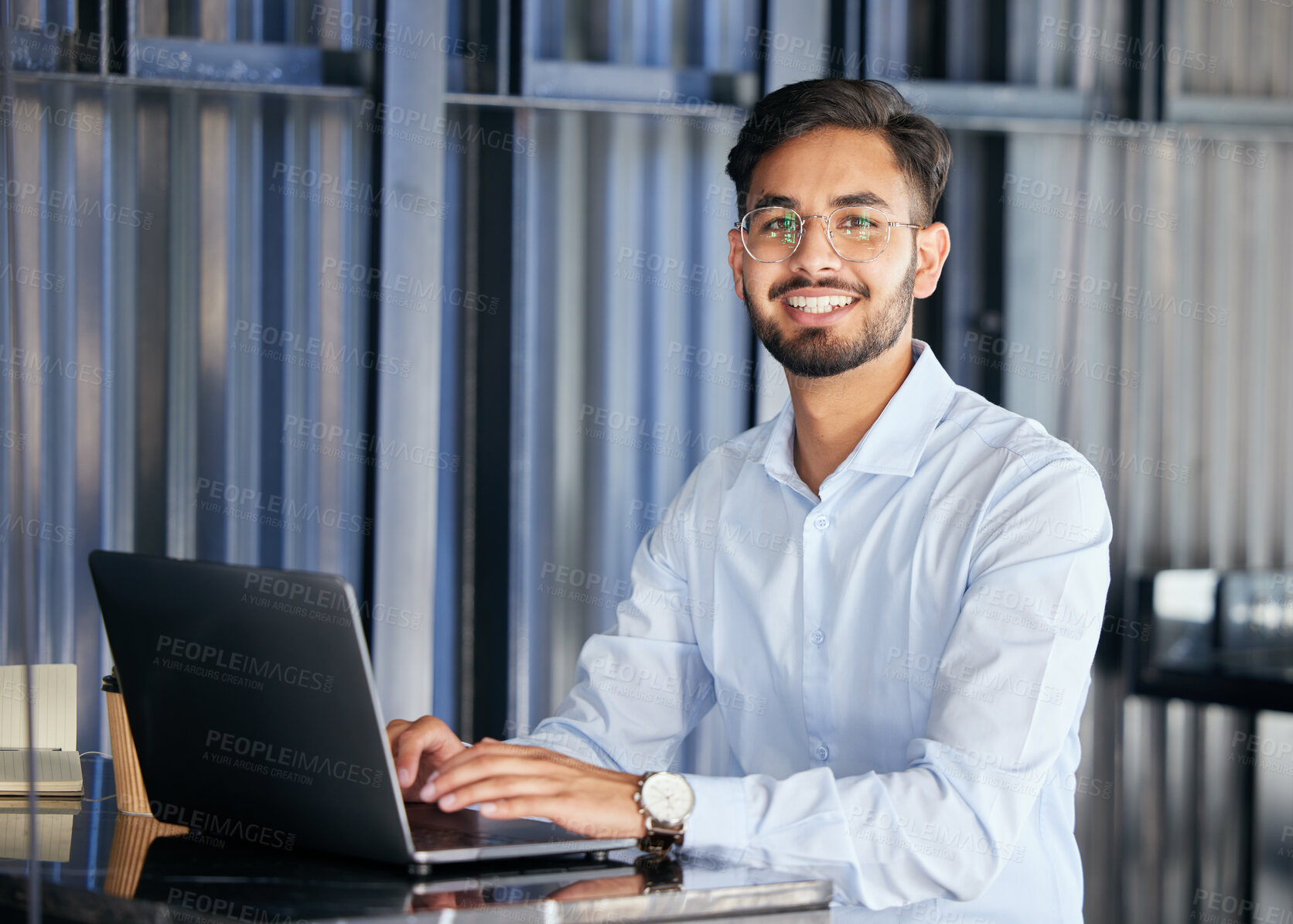 Buy stock photo Portrait, business and man with a laptop, typing and connection with digital software, planning and network. Male person, employee and consultant with a pc, office and planning with data analysis