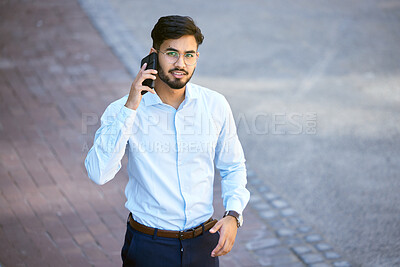 Buy stock photo Portrait, indian man and phone call with professional in outdoor for communication with career. Tech, travel and businessman in city or portrait with conversation for technology or work in street.