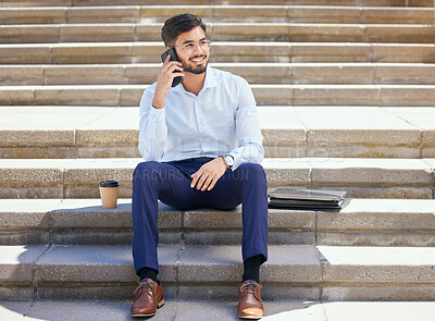 Buy stock photo Business, stairs and man with a smile, phone call and relax on lunch break, conversation and network. Male person, consultant or agent with a smartphone, steps or connection with happiness or talking