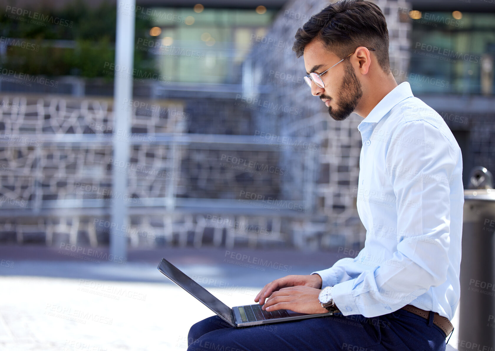 Buy stock photo Entrepreneur, business and man with a laptop, outdoor and typing with connection, digital software and planning. Male person, employee and consultant with a pc, city and writer with a new project